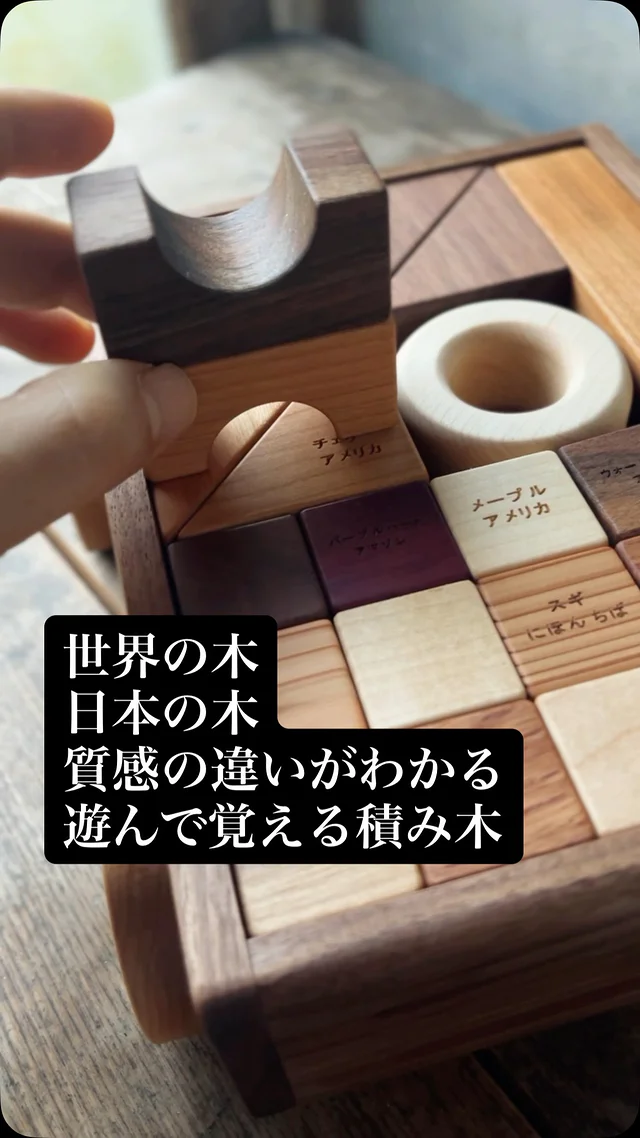 日本の木は淡く軽いものが多く
世界の木は濃く重いものが多い
世界を知り比較する事ではじめて日本の良さも知る事ができる。
国産材を地産地消を大切にするなら点（地域）ではなくて面（世界）で表現した方がコントラストが強くなり国産の良さが際立って伝わりやすい。
（蜜蝋ワックスのみで着色はしていません。木はその土地の風土により質感や色が異なり、世界には様々な色の木があります。）
みなさんそれぞれ「推し」があるとは思いますが、時には前のめりにならず、一歩引いて俯瞰して物事を捉えてみましょう。

室長
#積み木
#積み木遊び 
#木育
#地産地消
#国産材
#woodworking 
#木工
